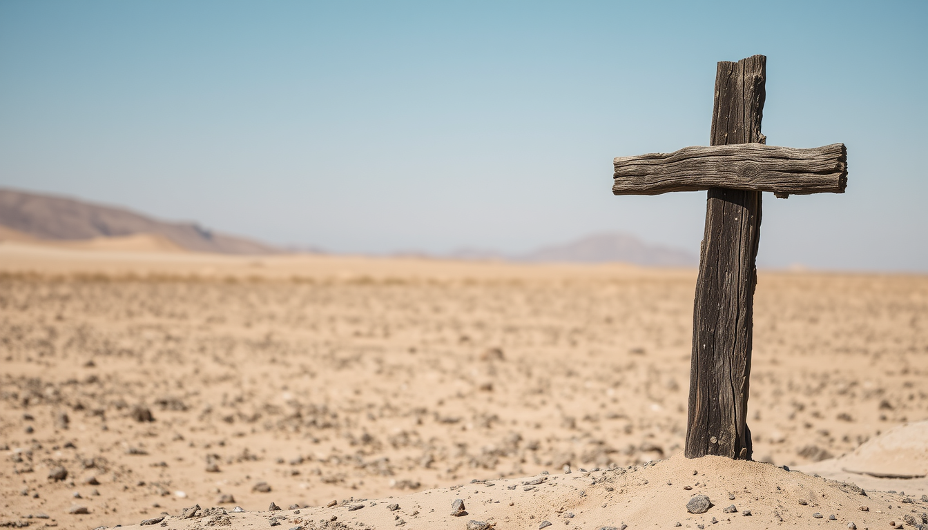 An old wooden cross in the middle of a barren desert. The cross is standing upright on the right side of the image. The cross is falling apart and is made of badly fungal damaged dark wood and appears to be cracked and crumbling. The overall scene is desolate.