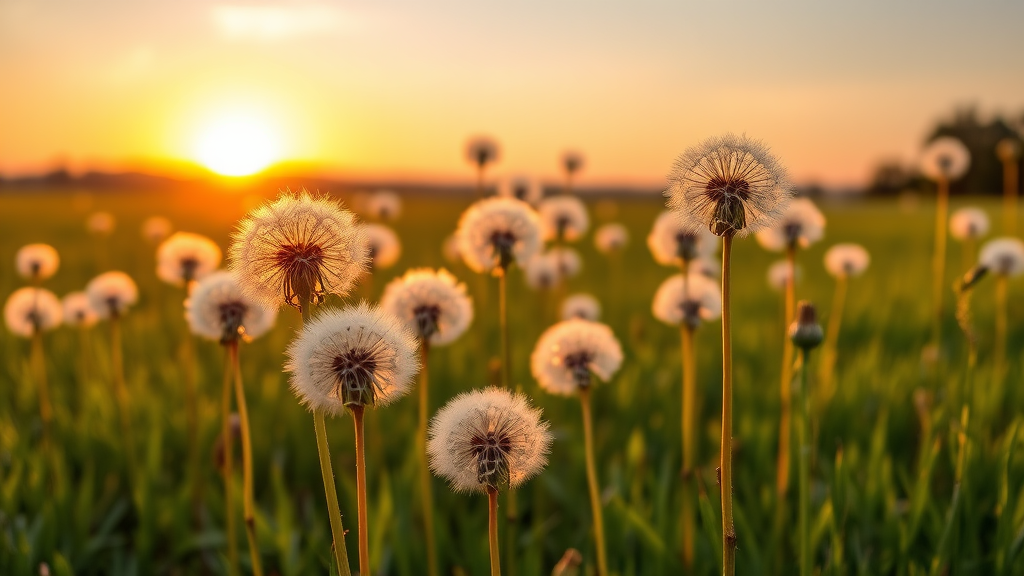 A field of dandelions in the sunset with the sun setting in the background, by Andrew Domachowski, art photography, dandelions, award-winning nature photo, dandelion, the brilliant dawn on the meadow, weeds and grass, sunny meadow.