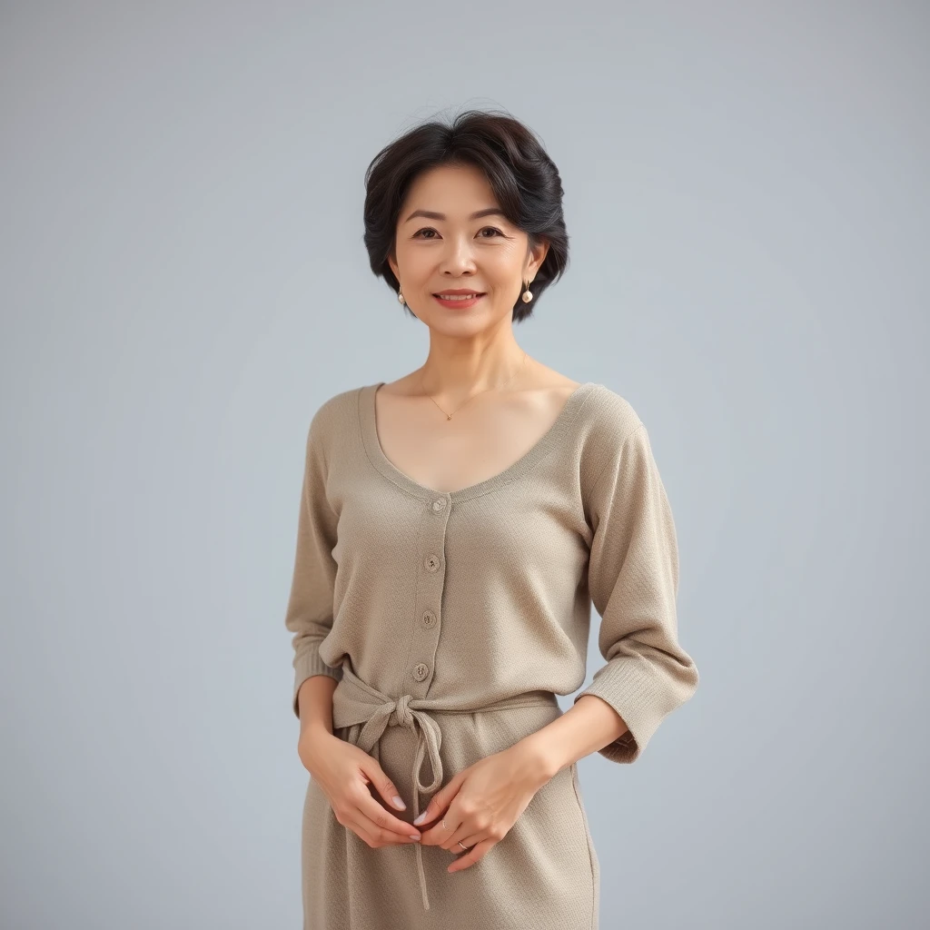 A full body photo of a beautiful middle-aged Korean woman.