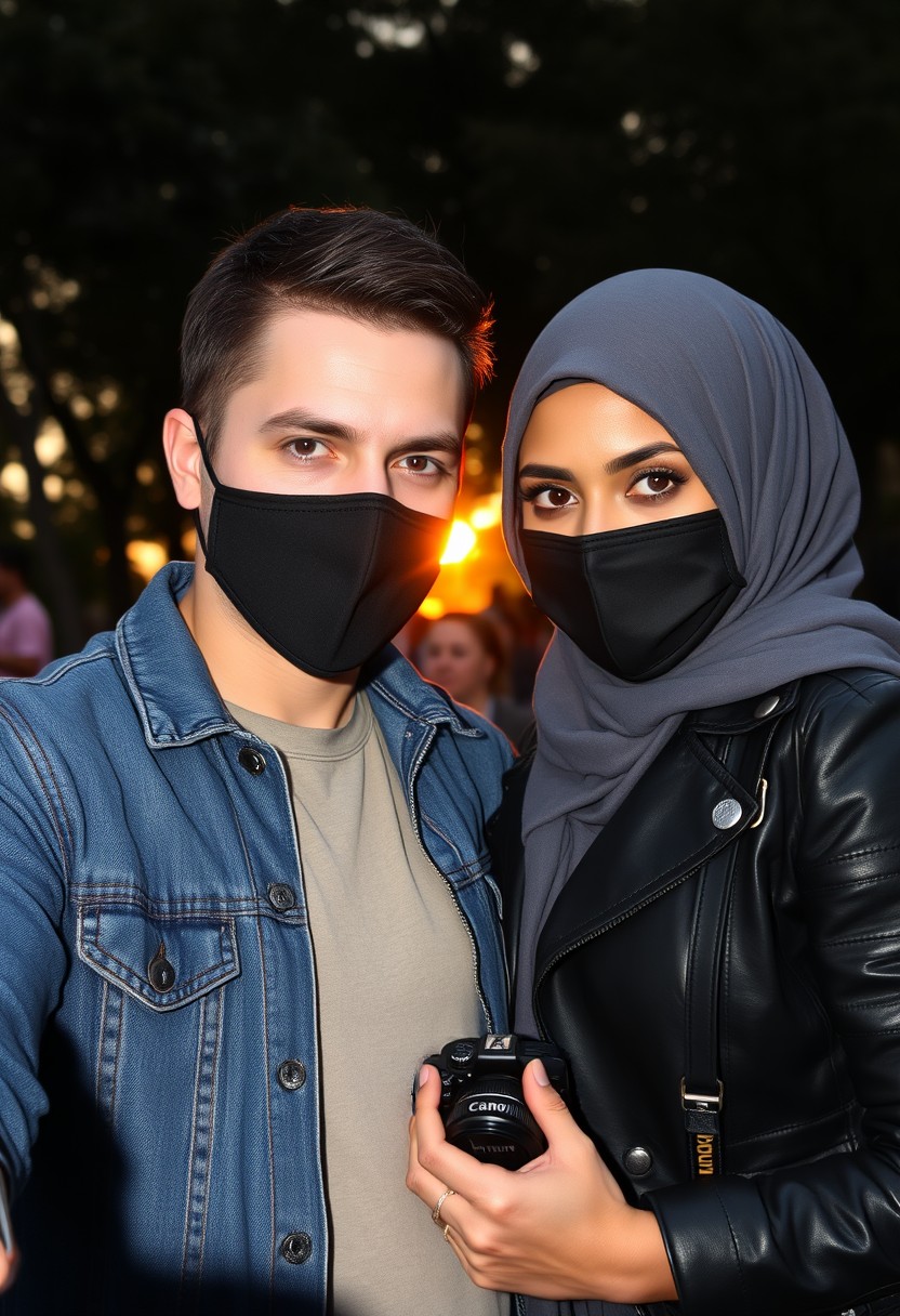 Jamie Dornan's head and body shot, handsome, black face mask, denim jacket, jeans, dating, love couple, with the biggest gray hijab Muslim girl, black face mask, beautiful eyes, black leather jacket, biggest skirt, taking a picture, DSLR Canon camera, sunset, hyper-realistic, street photography, selfie.