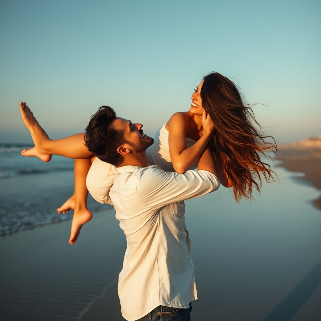 handsome man lifting a woman in his arms, at the beach