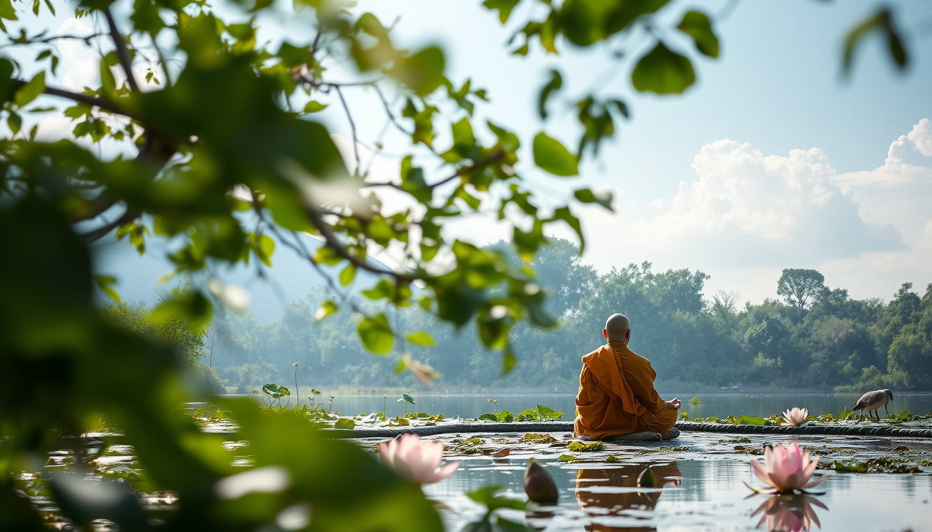 In the serene embrace of nature, a gentle breeze rustles the leaves, creating a soothing melody. By the lotus pond, a monk sits in meditation, embodying tranquility and peace. The scene is a perfect blend of natural beauty and spiritual calmness.