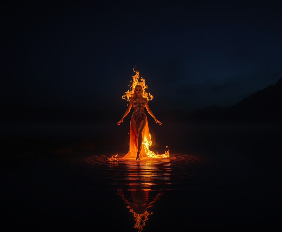 A fire goddess emerges from a lake at night.