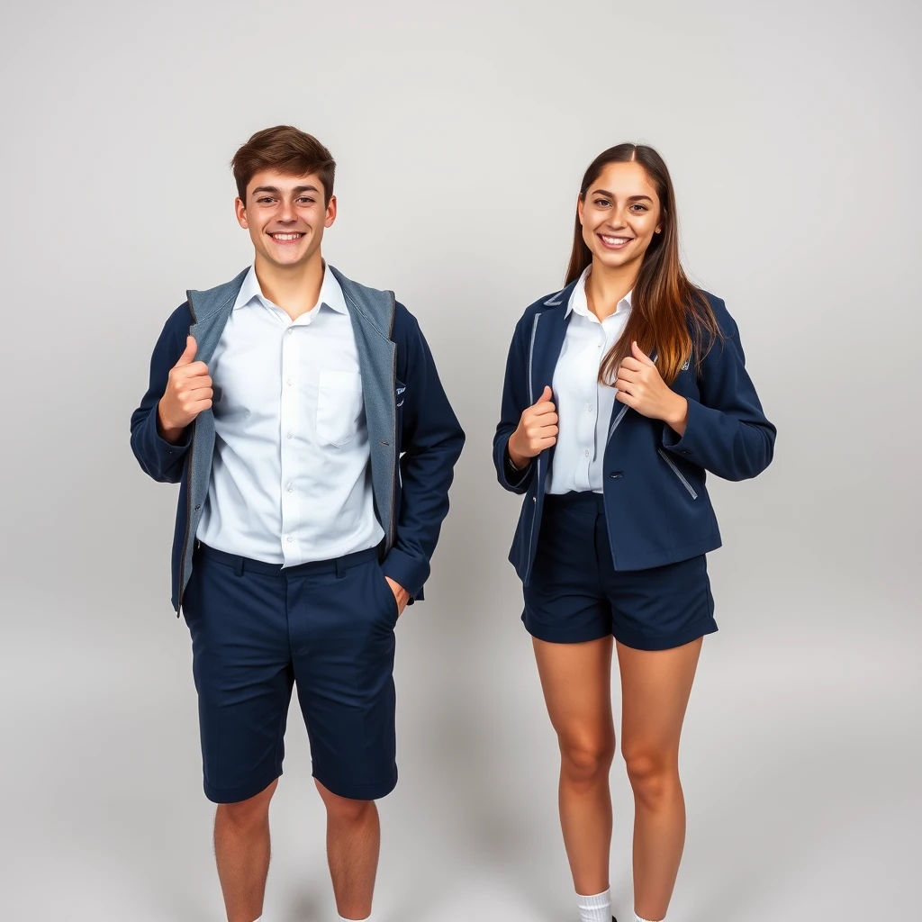 Two students are standing independently, smiling with happy faces. They are two Australian students from St Andrews College, 15 years old, wearing the school's uniform of a white shirt and dark blue shorts, as well as navy shorts that are above the knee in a conservative style. They are in black shoes and white socks. The young man's sharp features and the young woman's kind gaze exude intelligence and determination, with their hands out of their jackets as they face the photographer. The background is plain and neutral, keeping the focus on the subjects. The photography is realistic, high-quality, full-body, and sharply detailed, taken with a Sony A7A1 with a 16mm lens in 8k resolution. - Image