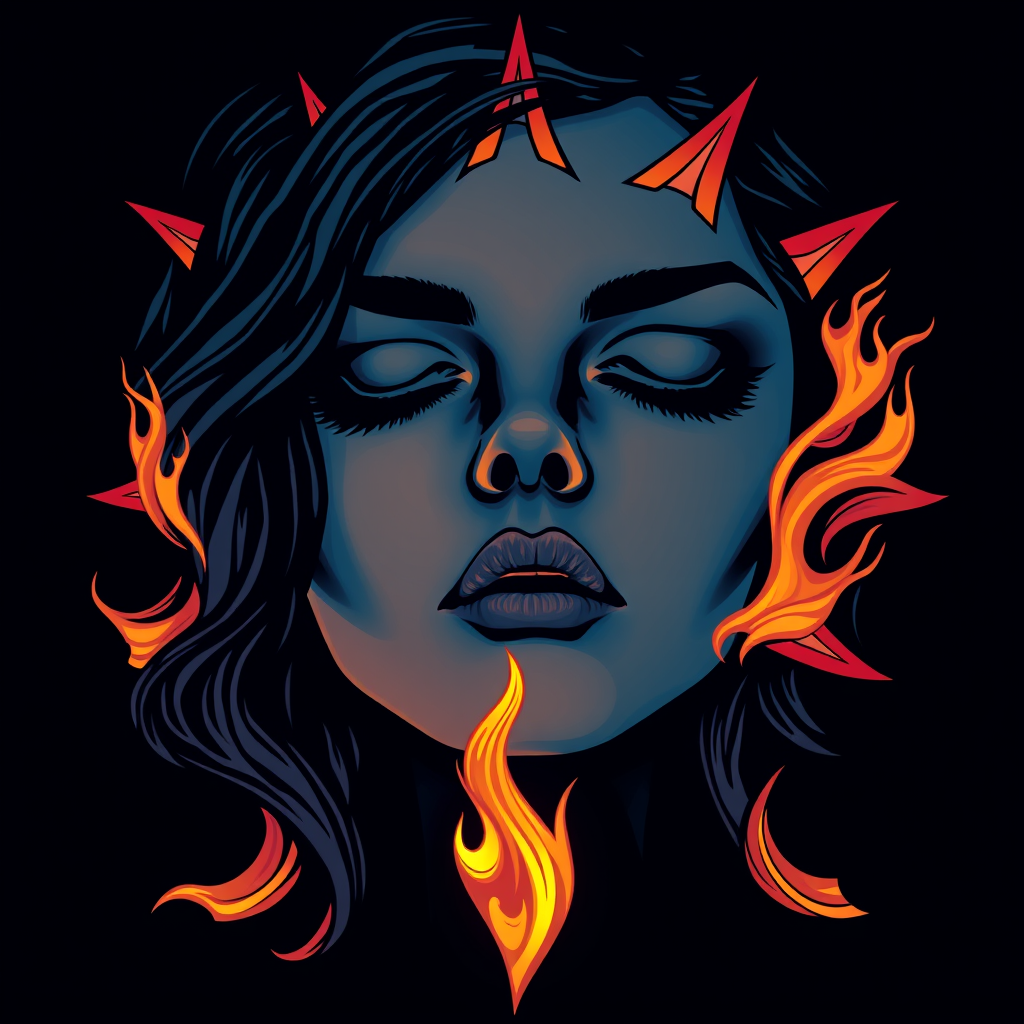 A t-shirt design featuring a close-up of a woman's face, inspired by the sun, evoking passion with whipping flames as accents, yet maintaining a cool, almost melancholic color palette. Think deep blue with perhaps a hint of purple, but overall, the design should have a soulful quality. It should embody a deep, passionate, soulful representation of the sun. - Image