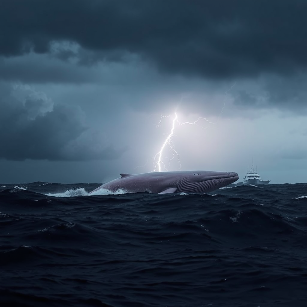 The documentary photo shows a massive whale swimming in a sea with rough waves. The sky is covered in dark clouds, creating a gloomy atmosphere. In the center of the image, lightning strikes intensely, illuminating the whale and creating a very dramatic effect. The flash of lightning emphasizes the silhouettes of the waves and a yacht, adding tension. The contrast between the dark sky and the bright light of the lightning visually expresses the intense power of nature, intertwined with the rough waves of the sea. A huge pink whale overcoming the rough waters conveys a sense of challenge, the dangers of the external environment, and the presence of small, vulnerable humans within it.