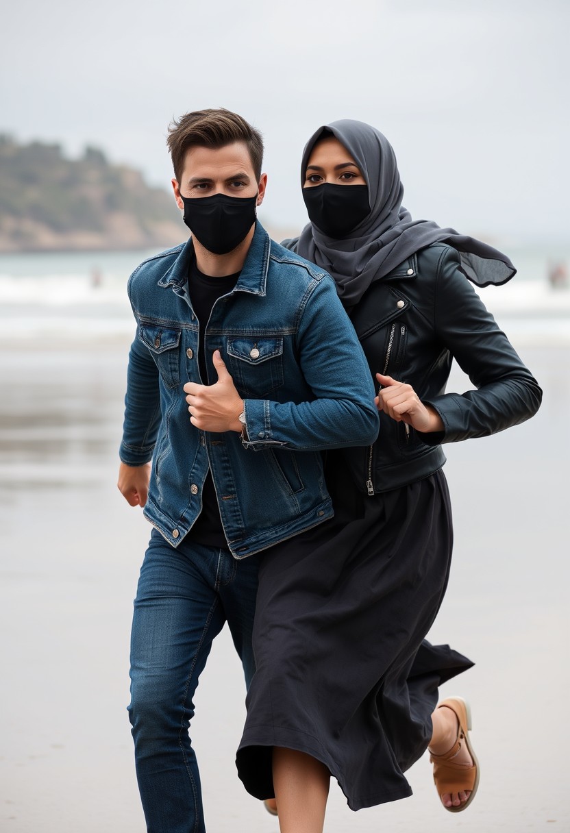 Jamie Dornan's head and body shot, handsome, black face mask, denim jacket, jeans, dating, love couple, with the biggest grey hijab Muslim girl, black face mask, beautiful eyes, black leather jacket, biggest skirt, running happily together at the beach, hyper-realistic, street photography. - Image