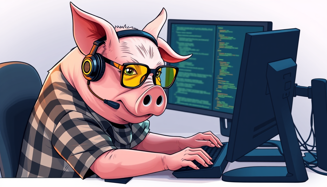 A tech-savvy pig coder, wearing yellow-tinted glasses and sleek noise-cancelling headphones, hunches over a cutting-edge multi-monitor setup. The anthropomorphic pig exudes focus, typing furiously while wearing a plaid t-shirt.