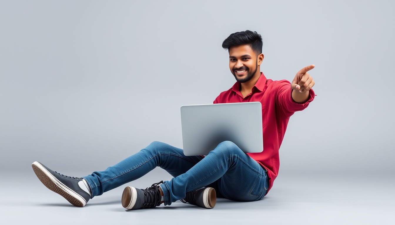 Full body young Indian man in IT, wearing a red shirt and casual clothes, sits and uses a laptop computer, pointing a finger to the side in an area isolated against a plain grey color background in a studio. Lifestyle concept.