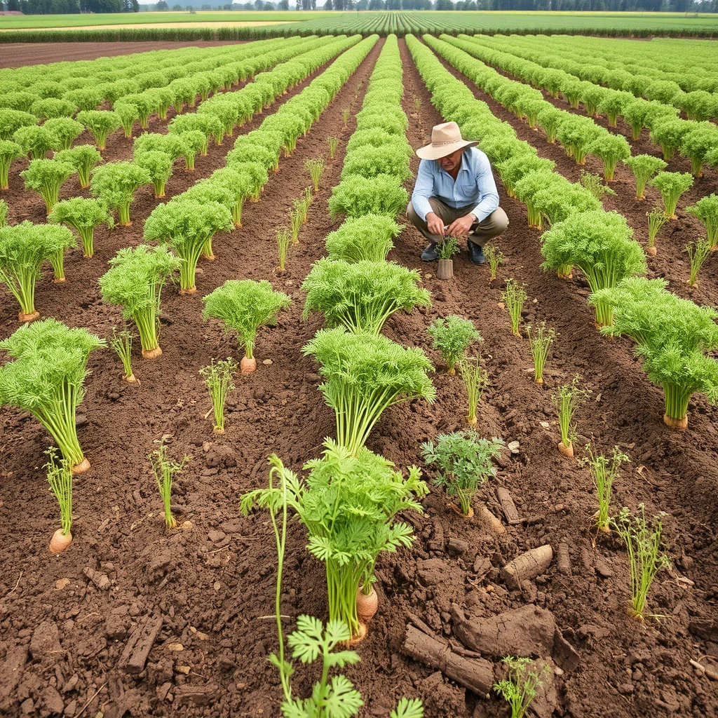 A field with carrots buried in the dirt and farmers sitting down to dig them up.