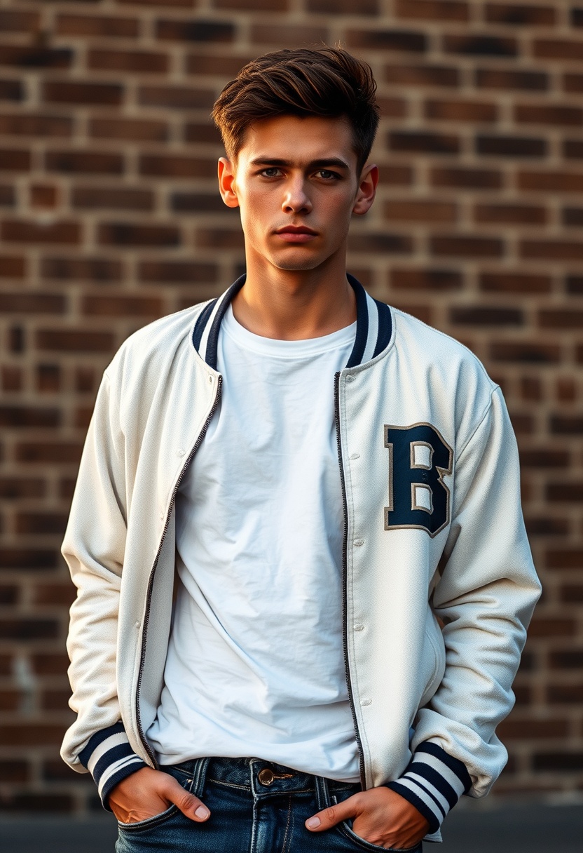 Freddie Prinze head and body shot, handsome, young, serious face, white T-shirt, college jacket, jeans, sneakers, hyper-realistic, street photography, brick wall, full body photography, sunrise.