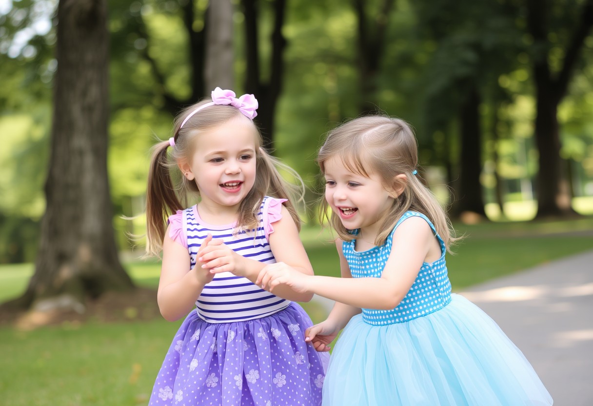 Two little girls play together in the park. - Image