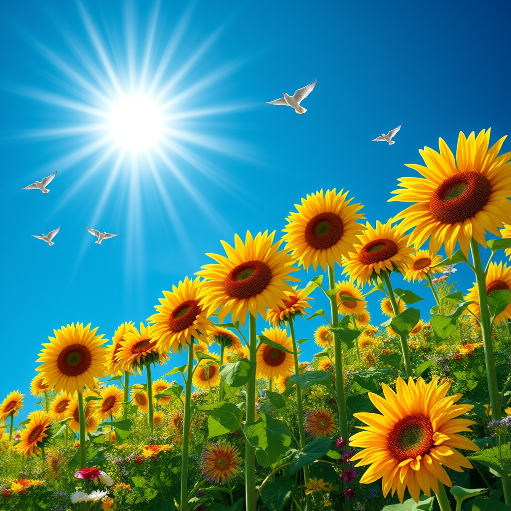 create a vibrant, surreal scene featuring towering sunflowers as the main focus, reaching towards a radiant sun that shines with an almost divine glow in the deep blue sky. The sunflowers should be depicted in various stages of bloom, with petals in a range of colors including golden yellows, soft whites, and deep oranges. The scene should also include a variety of other flowers in complementary colors, adding depth and richness to the composition. Birds should be soaring gracefully in the sky, adding a sense of life and movement to the image. The sun’s rays should appear almost star-like, casting a warm, ethereal light over the entire scene. The background should be filled with lush greenery, providing a natural contrast to the bright, vivid colors of the flowers. The overall effect should evoke a sense of wonder, beauty, and tranquility, with the sunflowers standing tall and majestic as the centerpiece of this enchanting, dreamlike landscape.