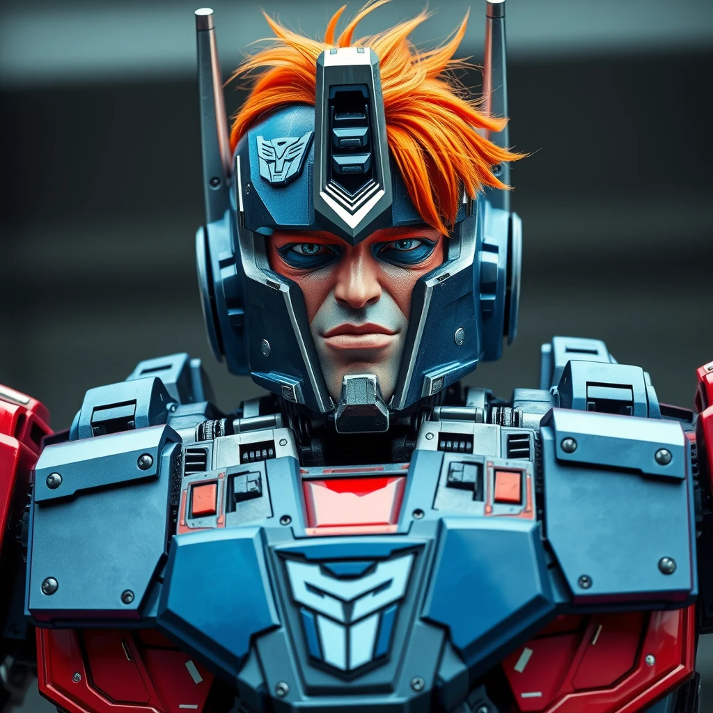 Optimus Prime with a human head, everything is robotic but there is literally a human head with a goofy human face with orange hair that he's wearing.