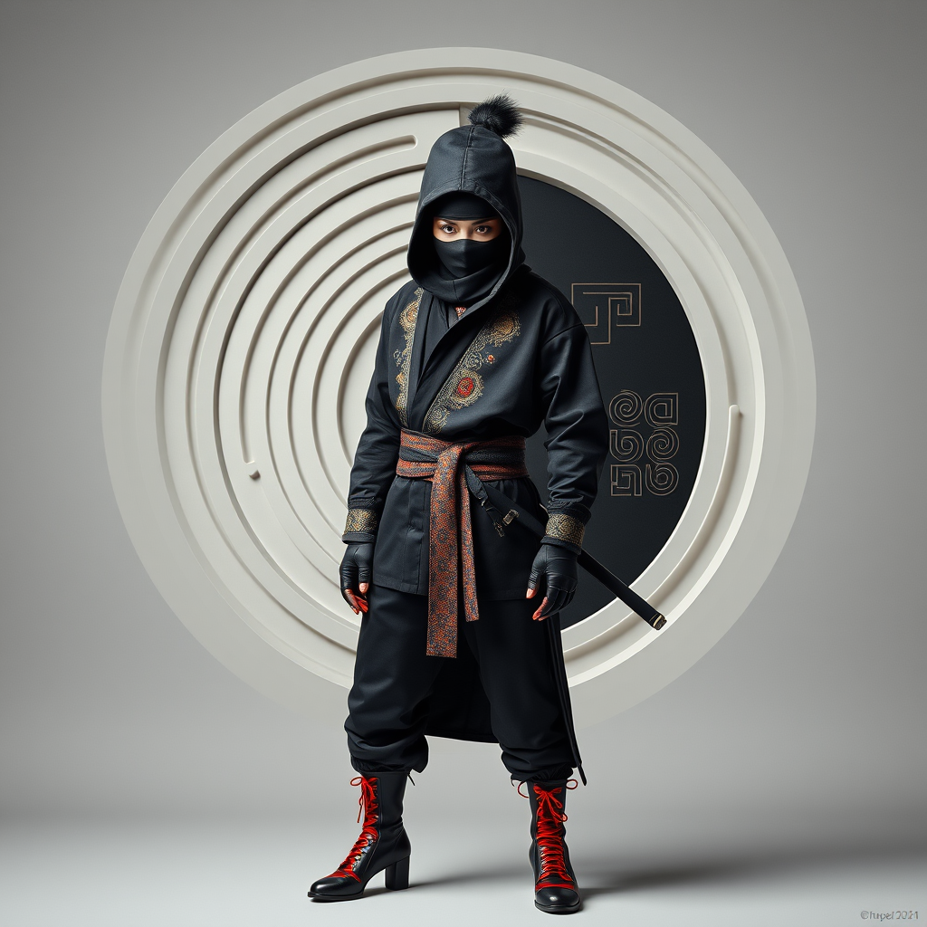 Photorealistic fashion full body portrait made in 3D optical illusion with a yin yang maze, haute couture streetwear, and kawaii ninja in folk costume in a fashion magazine.