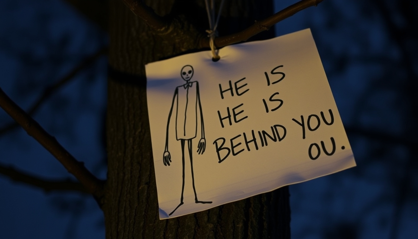 A hand-drawn slender man on paper and a handwritten text that says "HE IS BEHIND YOU," attached to a tree branch, in the middle of the night. - Image