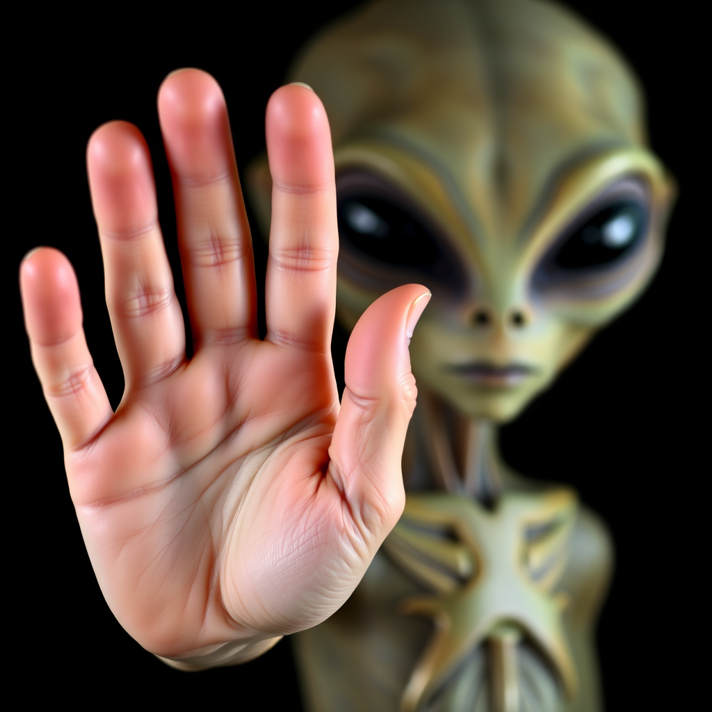 Close-up portrait picture against a black background of a blurry alien with a sharp focus in the foreground on its open hand making the Stop sign to the camera.