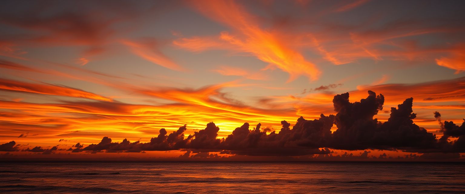 Dramatic, fiery sunset, clouds, silhouettes, high quality, photorealistic, evening sky, reflection, serene, seashells.