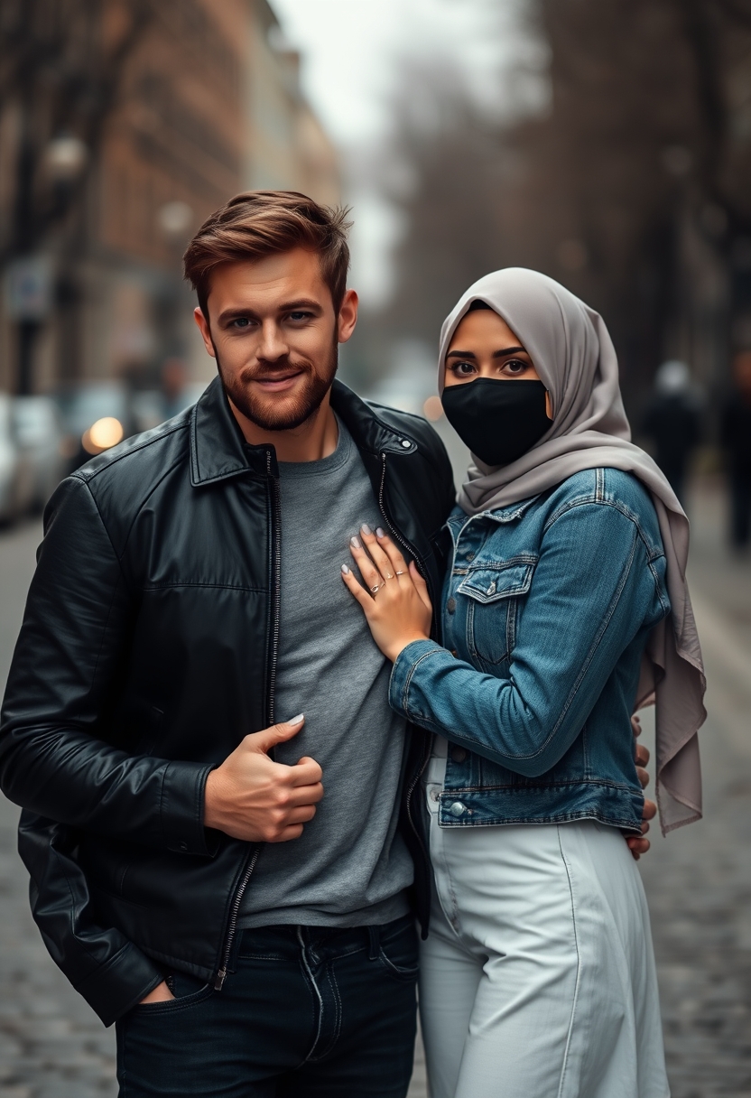 Jamie Dornan, handsome, black face mask, black leather jacket, jeans, dating, love couple with the biggest hijab Muslim girl, beautiful eyes, black face mask, jeans jacket, gloomy scenery, realistic, street photography.