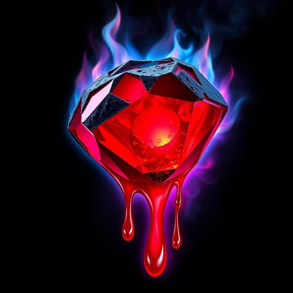 A tee shirt design of a beautiful ruby on fire with beautiful liquid red ruby dripping with flames. The ruby has black char all over it and subtle colorful embers burning in the ruby. Inside of the ruby should be reminiscent of beautiful galaxies perfectly blended with chaos. Striking and otherworldly on a transparent background, the flames should have an outline of a beautiful blue ethereal glow.