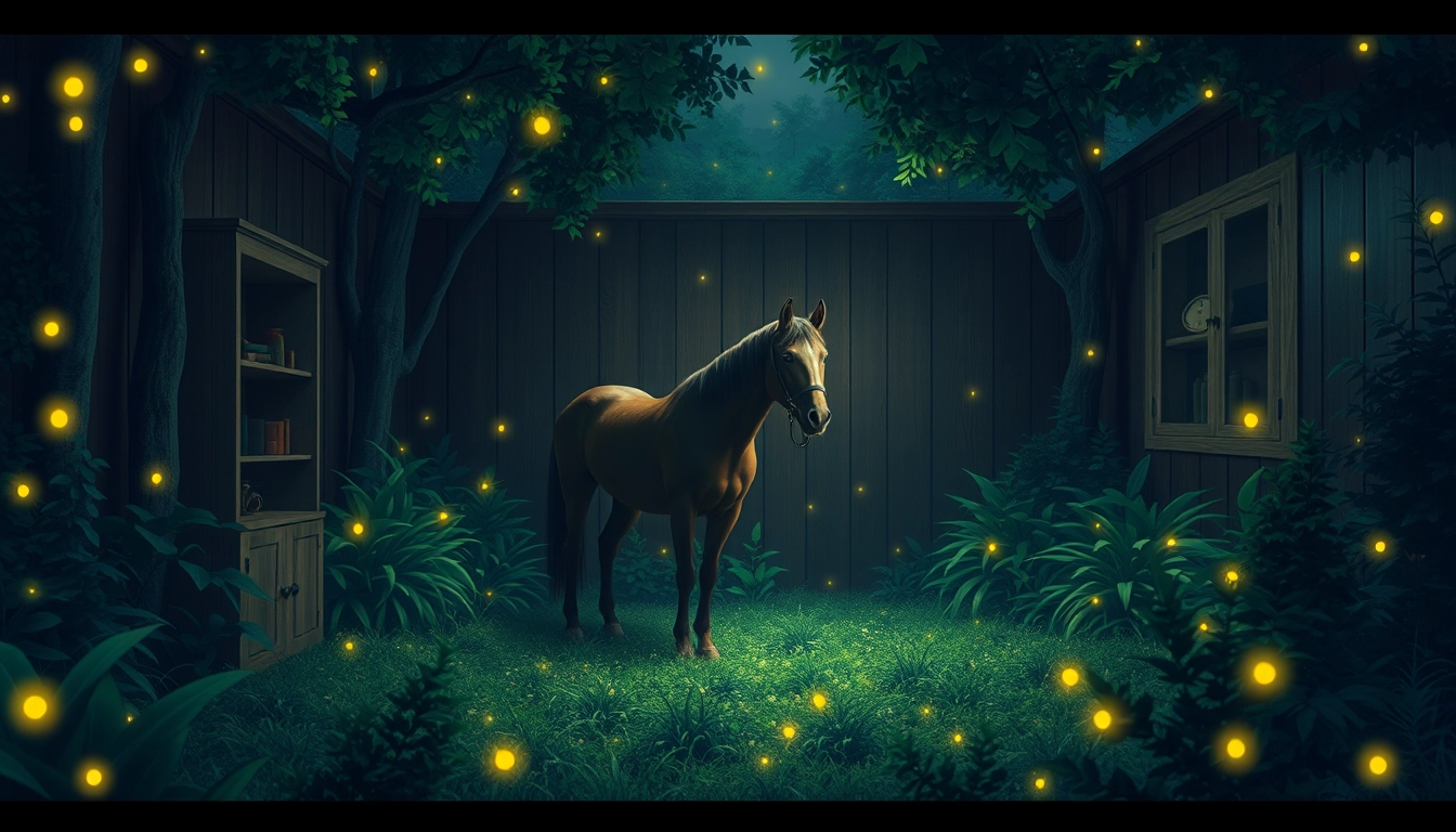 "A night scene, a horse in a room, surrounded by fireflies, filled with greenery, where the room and the forest blend into one, in a realistic style." - Image