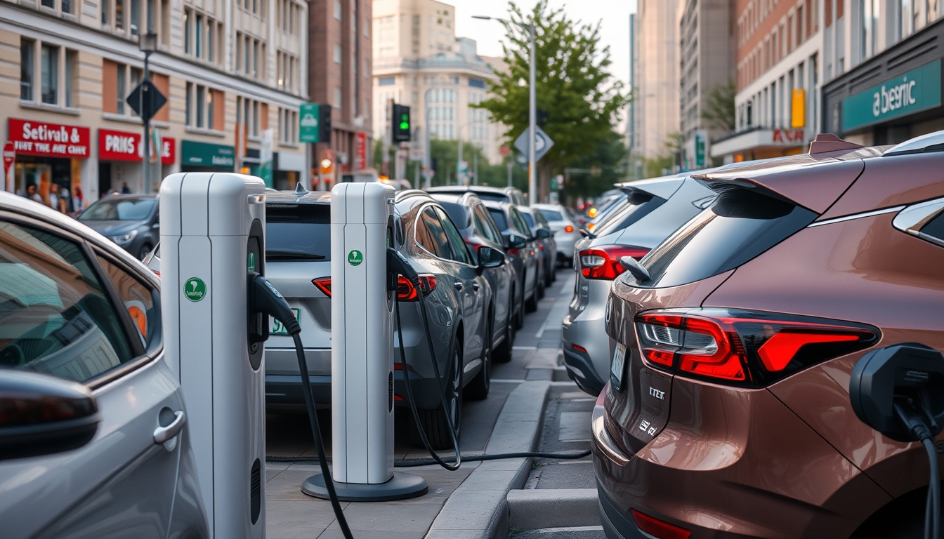 Electric car charging stations in a busy city, representing clean transportation. - Image