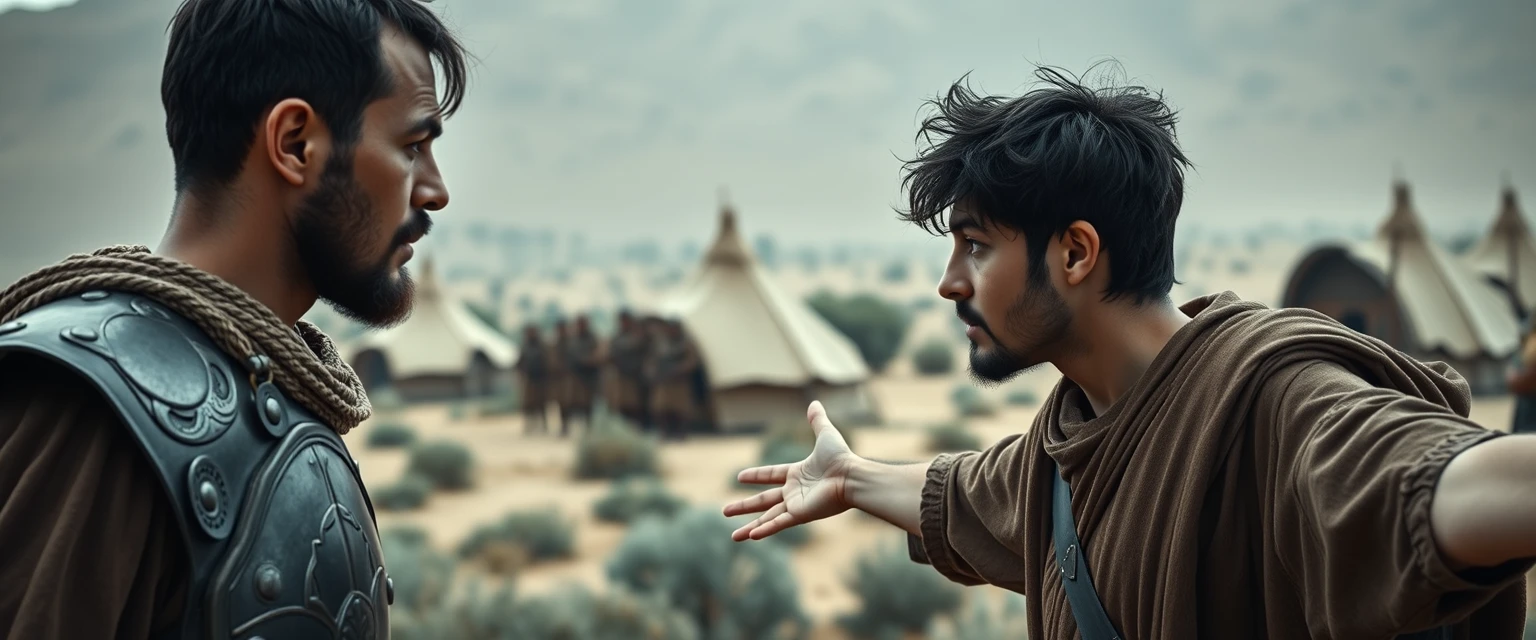 Create a scene of two men facing each other and staring into one another's left eye. The man on the right is a young Jewish man in his mid-20s, dressed as a simple shepherd, with his arms stretched out to the sides. He has dark, messy unkempt hair and a beard, and looks shocked. The man on the left is a slim Jewish man in his mid-30s, sporting a Jewish beard and wearing only simple biblical-era Israelite armor. A group of four ancient biblical-era Israelite soldiers is crowding around the man on the left. In the background, Arabic army tents are pitched on a desert shrub land. The overall mood of the image is one of anxiety and concern.