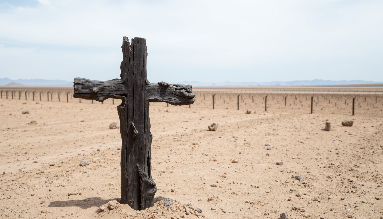 An old dilapidated wooden cross planted in the middle of a barren desert landscape. The cross is standing upright on the right side of the image. The cross is made of dark wood and appears to be old and weathered, with a rough texture and deep grooves. The surface of the wood is rough and uneven, with some areas of the surface appearing darker and more jagged. The overall scene is desolate. - Image