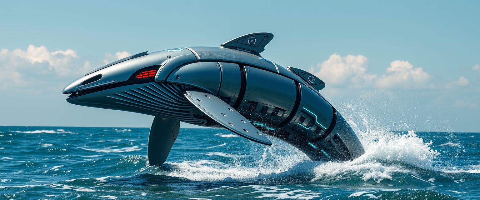 A cybernetic whale leaping dramatically above the ocean waves. The whale's body, an impressive fusion of organic and mechanical elements, gleams with sleek metal plating and intricate circuits and red LED lamps. Its skin features panels and glowing blue lines, hinting at advanced technology integrated into its form. Water sprays off its metallic surface as it breaches, reflecting the sunlight and adding a dynamic sparkle to the scene. Below, the ocean waves churn and splash, contrasting with the whale's futuristic design. The background showcases a clear sky with a few scattered clouds, further emphasizing the grandeur of this extraordinary moment where nature meets technology. - Image