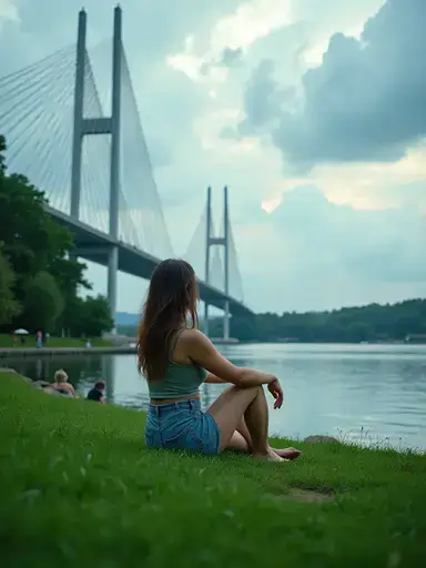 一名女子坐在水边的长椅上